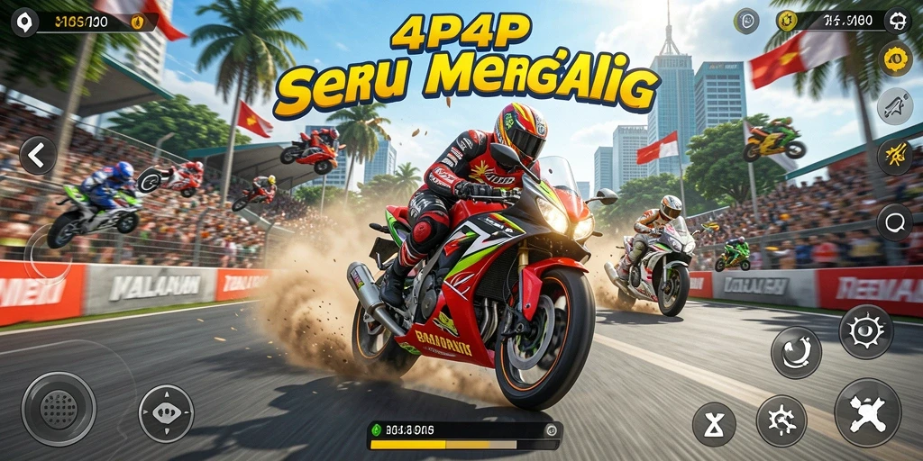 Screenshot utama 4P4P menampilkan aksi balapan motor yang mendebarkan.