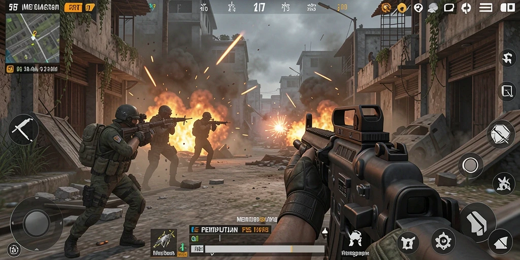 Screenshot gameplay <strong>5RT</strong> menampilkan aksi tembak-menembak yang menegangkan.
