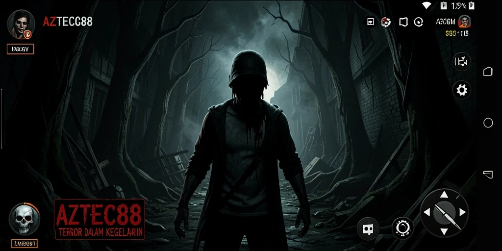 Screenshot AZTEC88 menampilkan suasana horror yang mencekam di dalam reruntuhan.