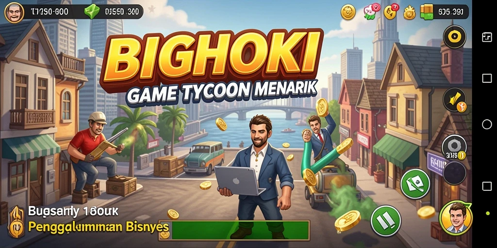 Screenshot gameplay BIGHOKI menunjukkan aktivitas manajemen bisnis yang dinamis.