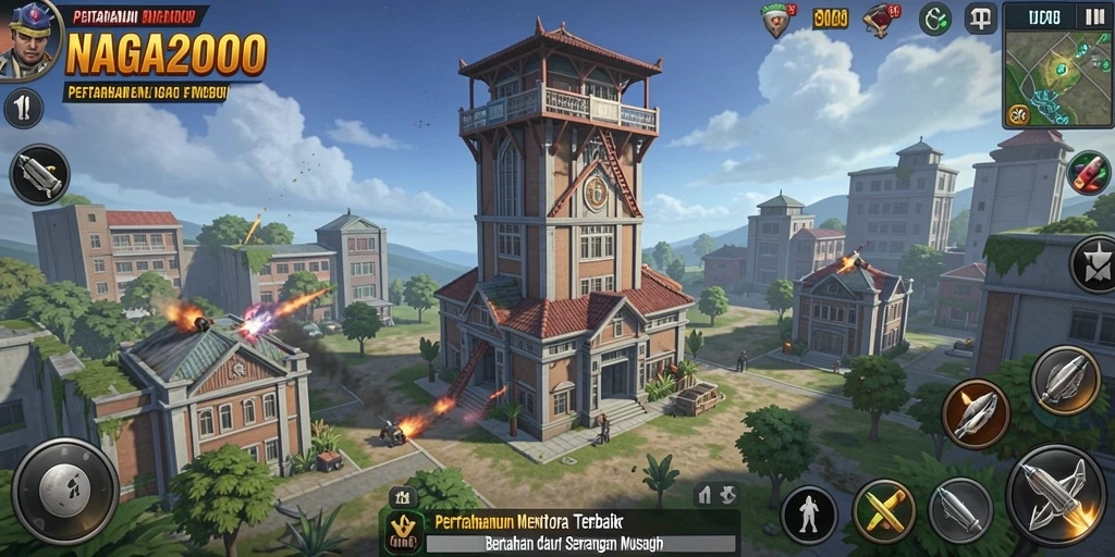 Screenshot gameplay NAGA2000 yang menunjukkan menara bertahan dari serangan musuh.